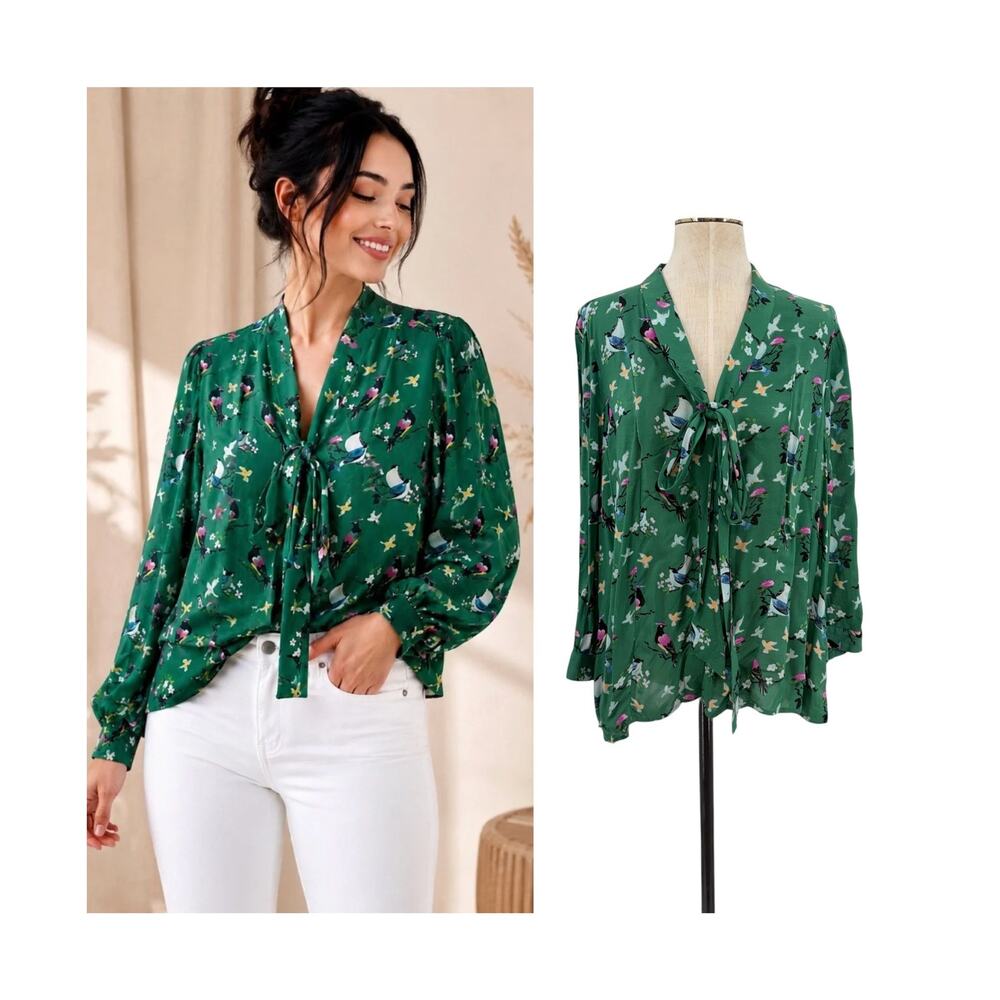 Anthropologie 20 of 52 Conversations Bird Print Tie Neck Blouse Green Size 12